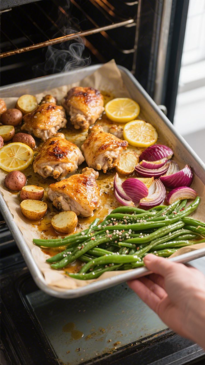 Cooking process, mid-roast: Overhead shot of a large rimmed sheet pan in the oven just pulled out at