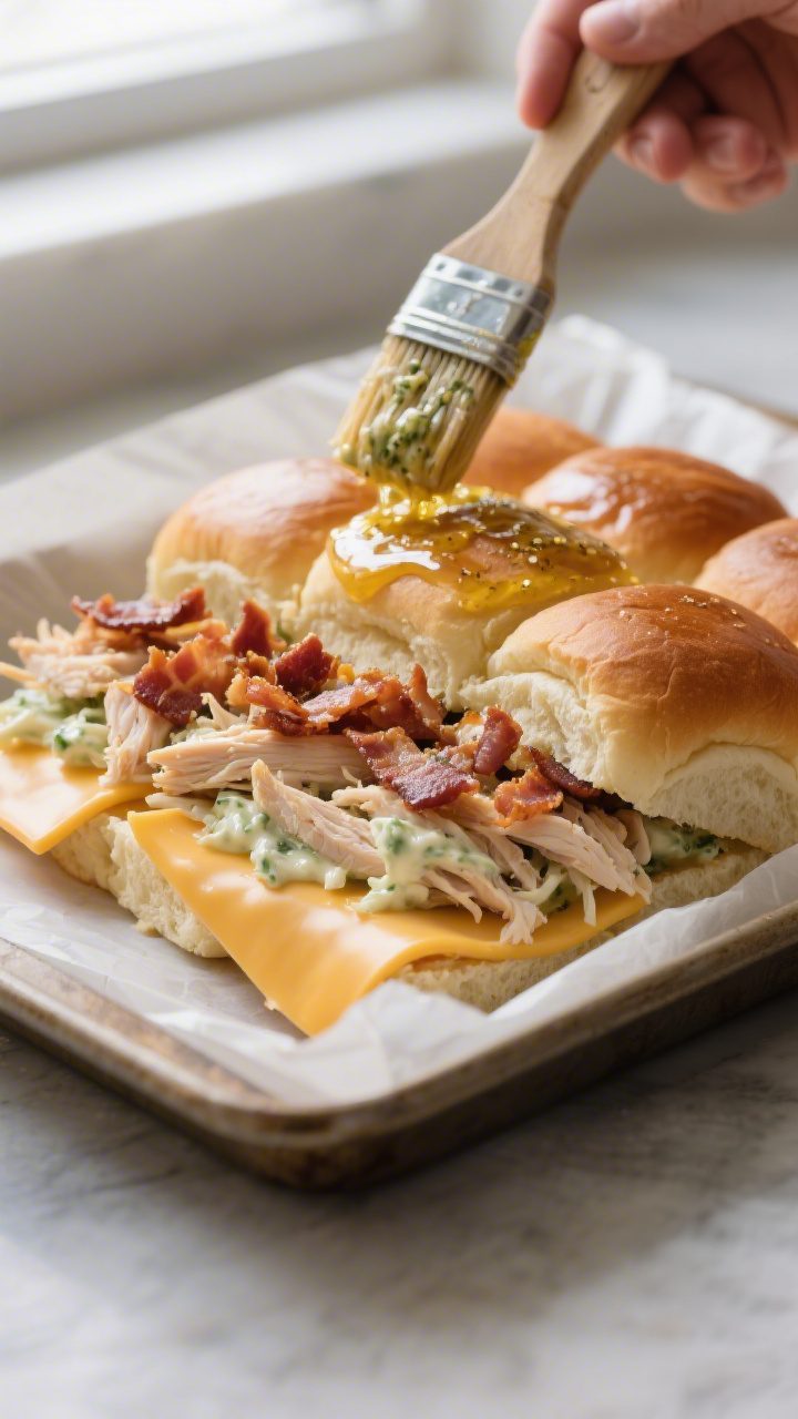 Cooking process moment: Mid-assembly shot of the sliders in a parchment-lined baking dish showing th