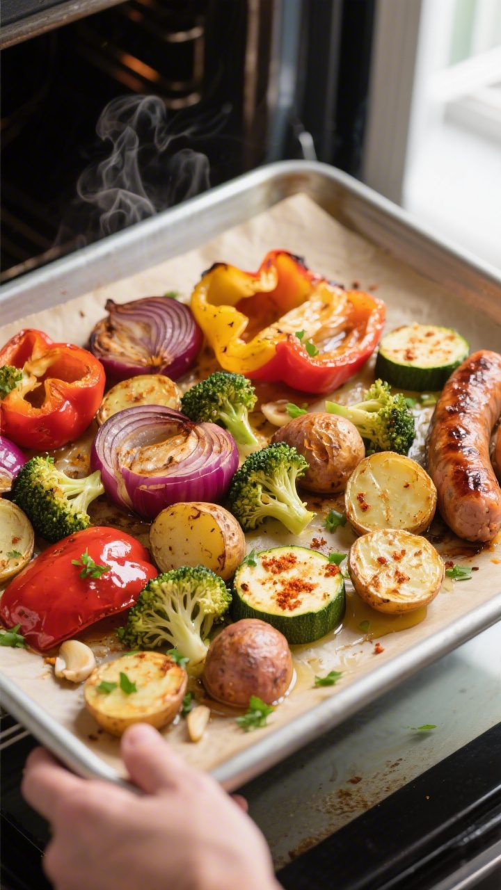 Cooking process, oven-roast moment: Overhead shot of a hot sheet pan just pulled from a 425°F oven,