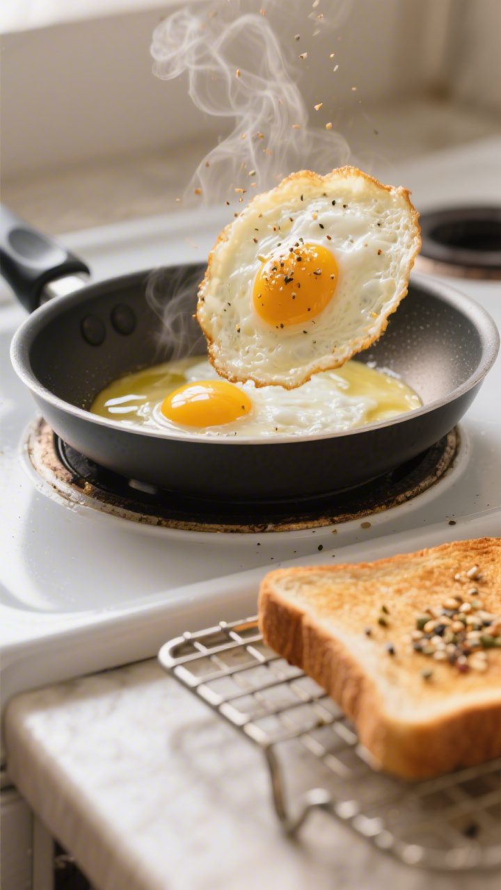 Cooking process: Over-medium egg being flipped in a small nonstick skillet with melted butter, edges