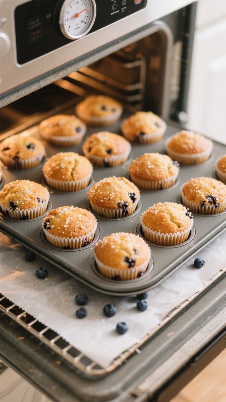 Cooking process: Overhead shot of a 12-cup muffin tin fresh out of the oven showing tall, bakery-sty