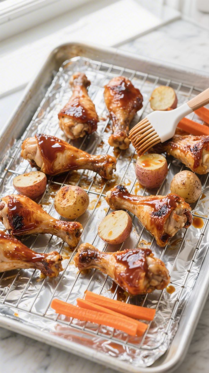 Cooking process: Overhead shot of a foil-lined sheet pan at the glaze stage—8–10 roasted drumsti