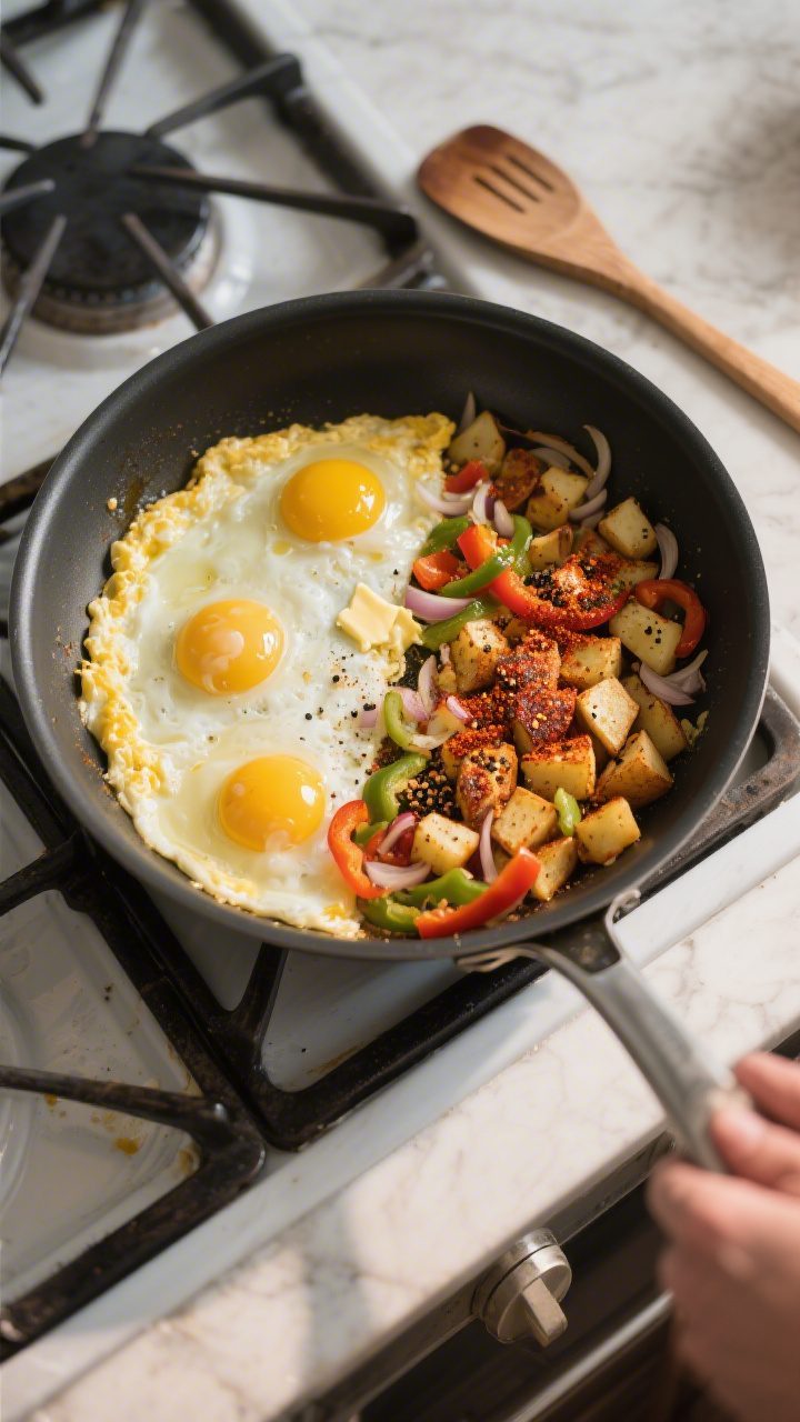 Cooking process: Overhead shot of a large skillet on medium heat with a soft scramble in progress—