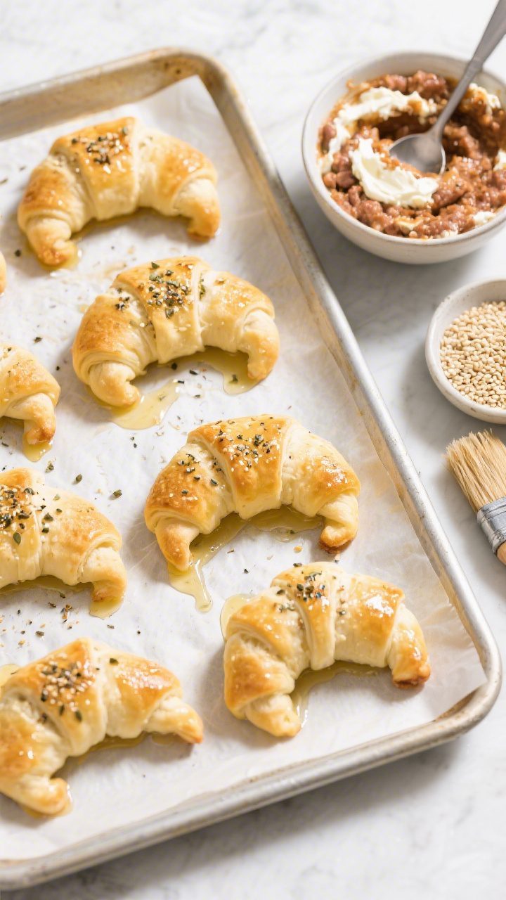 Cooking process: Overhead shot of a parchment-lined sheet pan with evenly spaced, assembled crescent