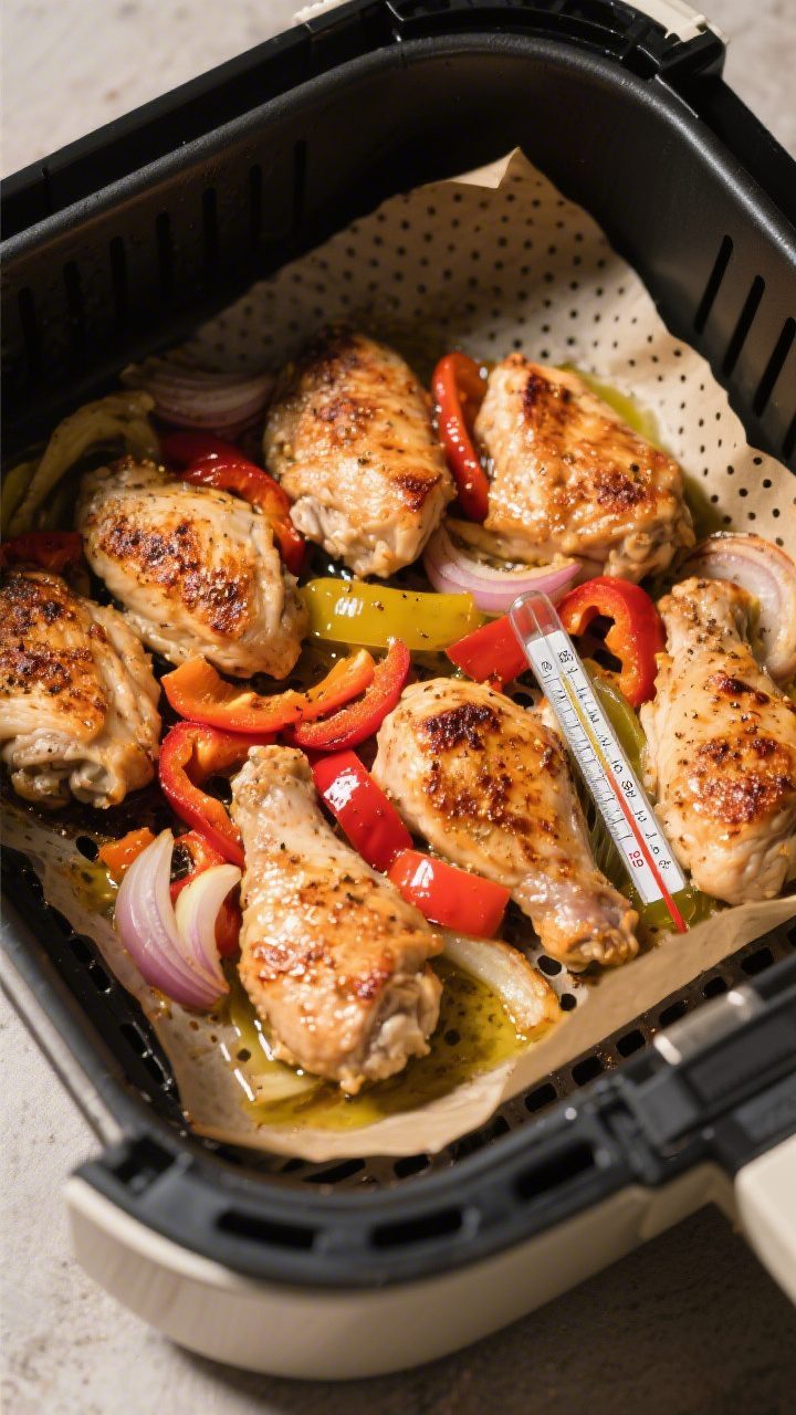 Cooking process: Overhead shot of an open air fryer basket mid-cook, evenly spread single layer of s