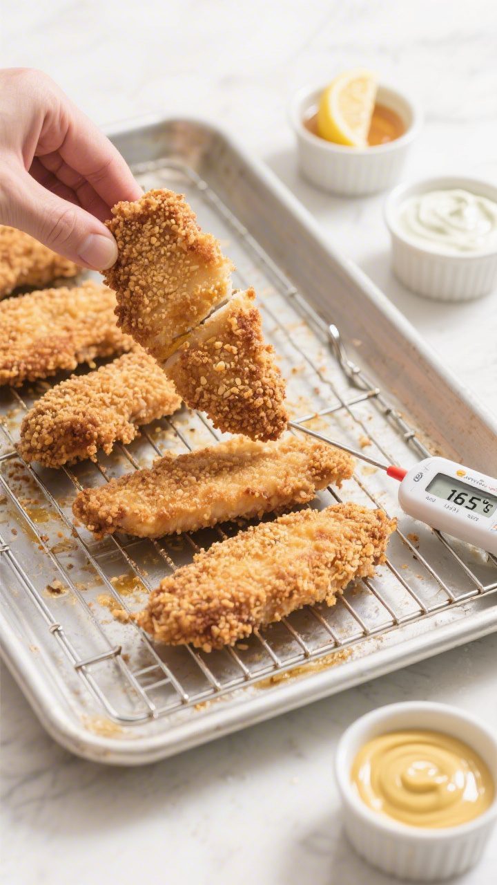 Cooking process: Overhead shot of mid-bake flipping on a preheated, rack-lined sheet pan—tenders e