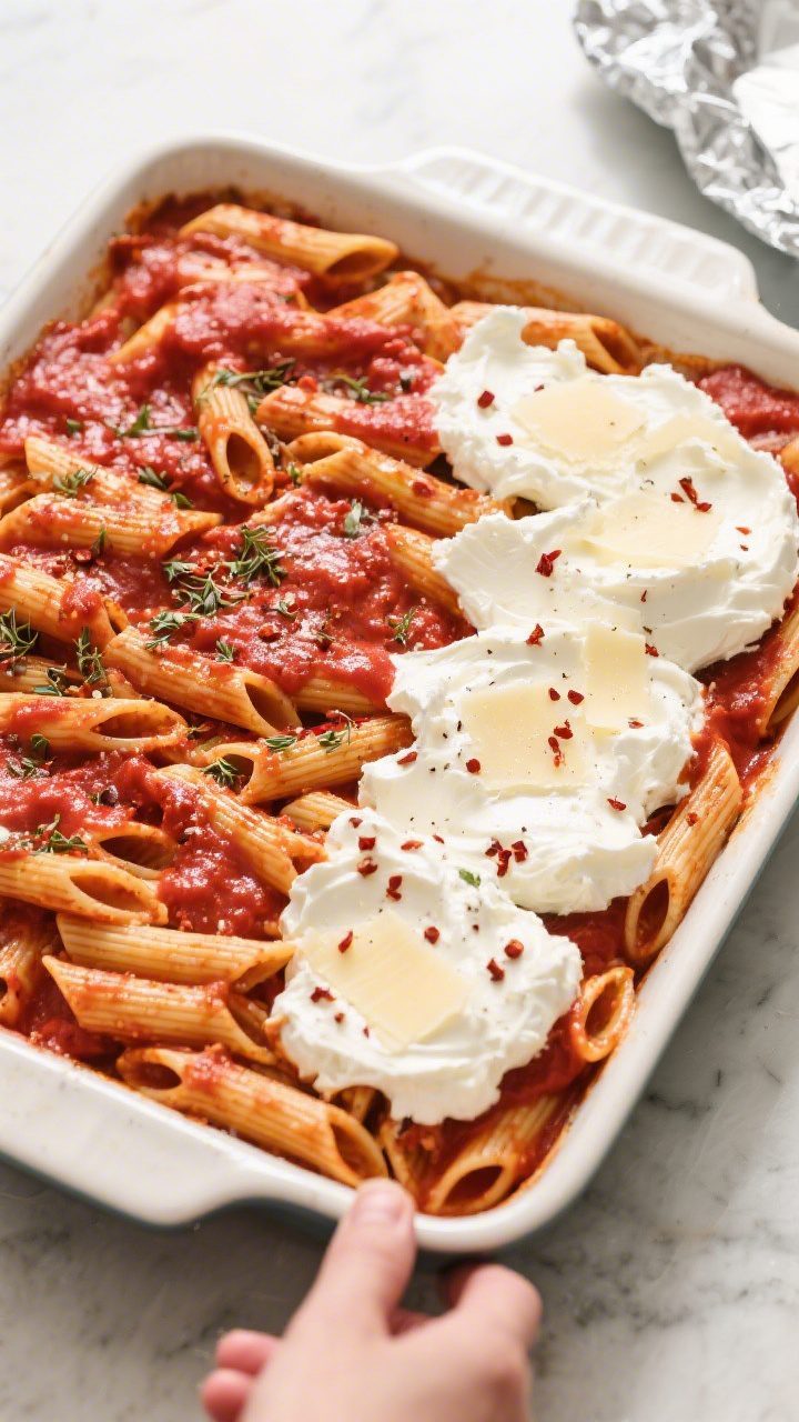 Cooking process: Overhead shot of sauced ziti being layered in a 9x13-inch baking dish—half the pa