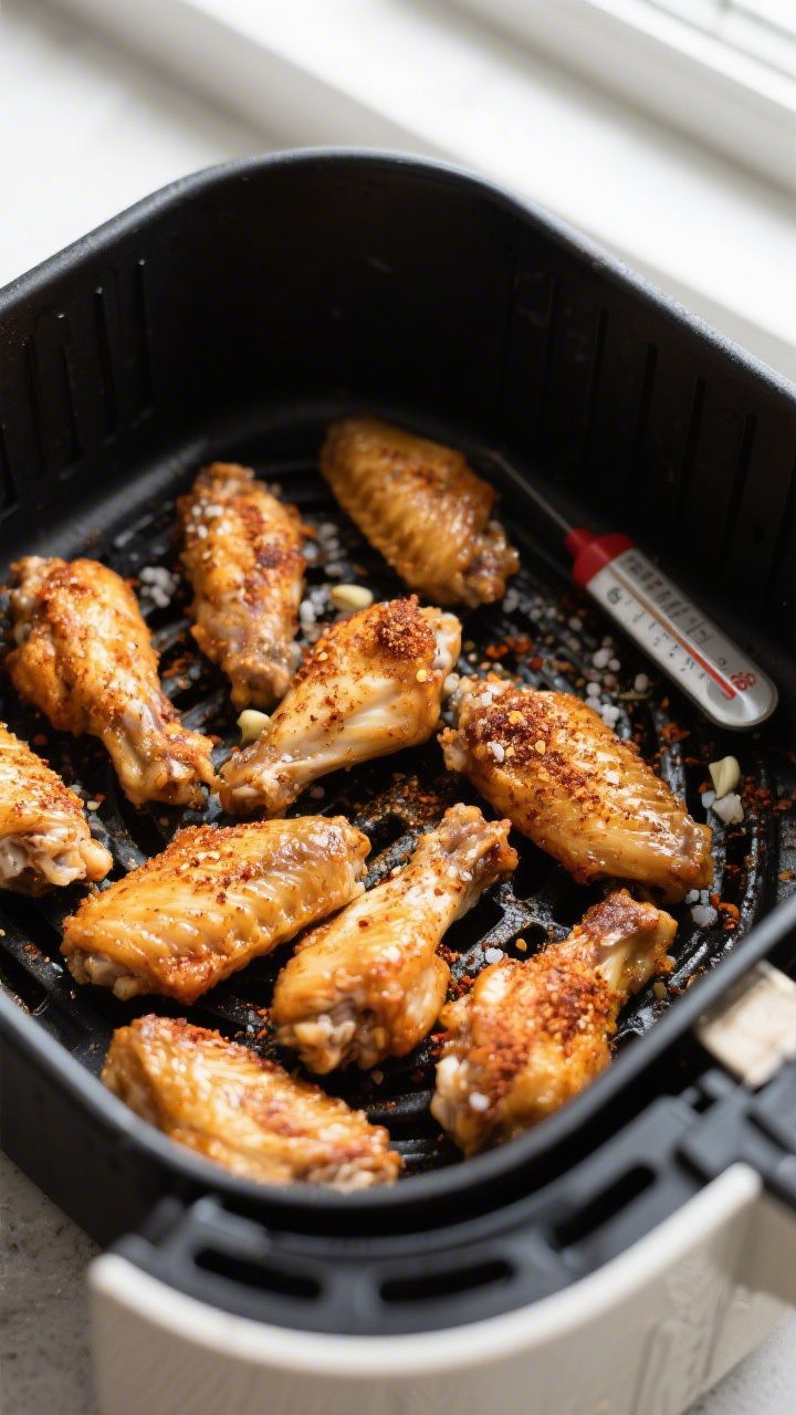 Cooking process: Overhead shot of seasoned wings arranged in a single layer in an air fryer basket,