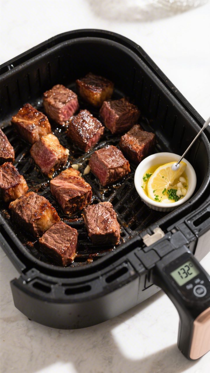 Cooking process: Overhead shot of steak bites arranged in a single layer inside a preheated air frye