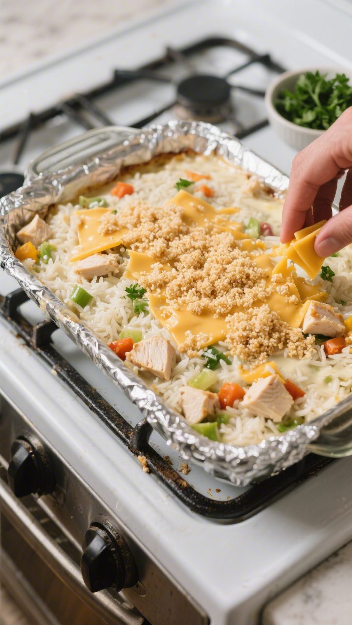 Cooking process: Overhead shot of the casserole mid-bake stage after foil removal, cheese being adde