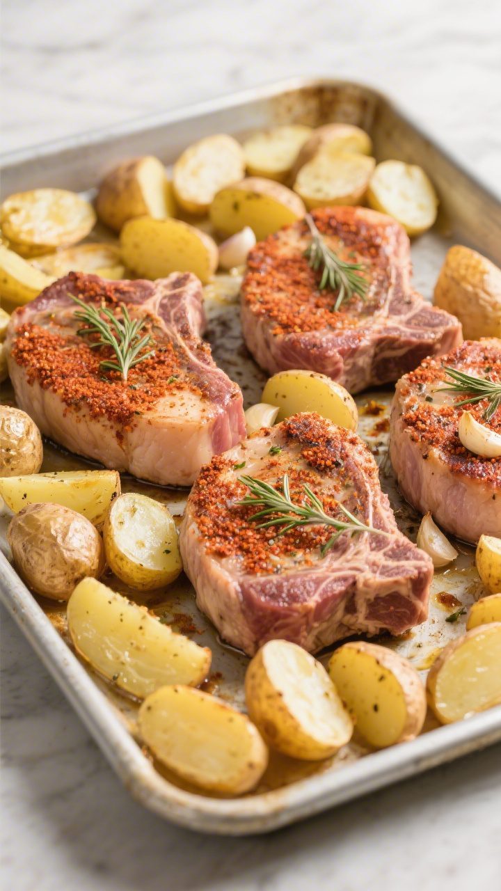 Cooking process: Overhead shot of the sheet pan just after adding seasoned pork chops nestled among