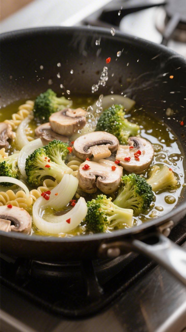 Cooking process: Sauté stage in action—onions, mushrooms, and broccoli sizzling in a large stainl