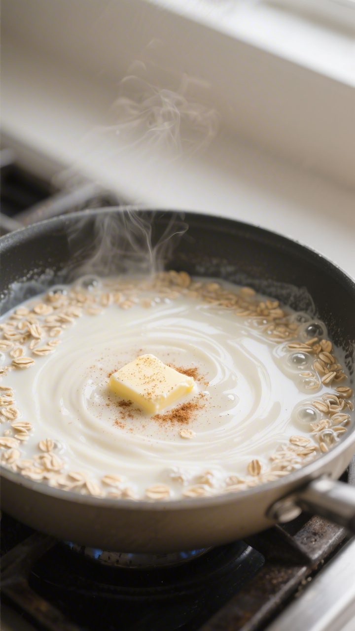 Cooking process, stovetop: Rolled oats simmering in a saucepan with a 1:1 mix of milk and water at a