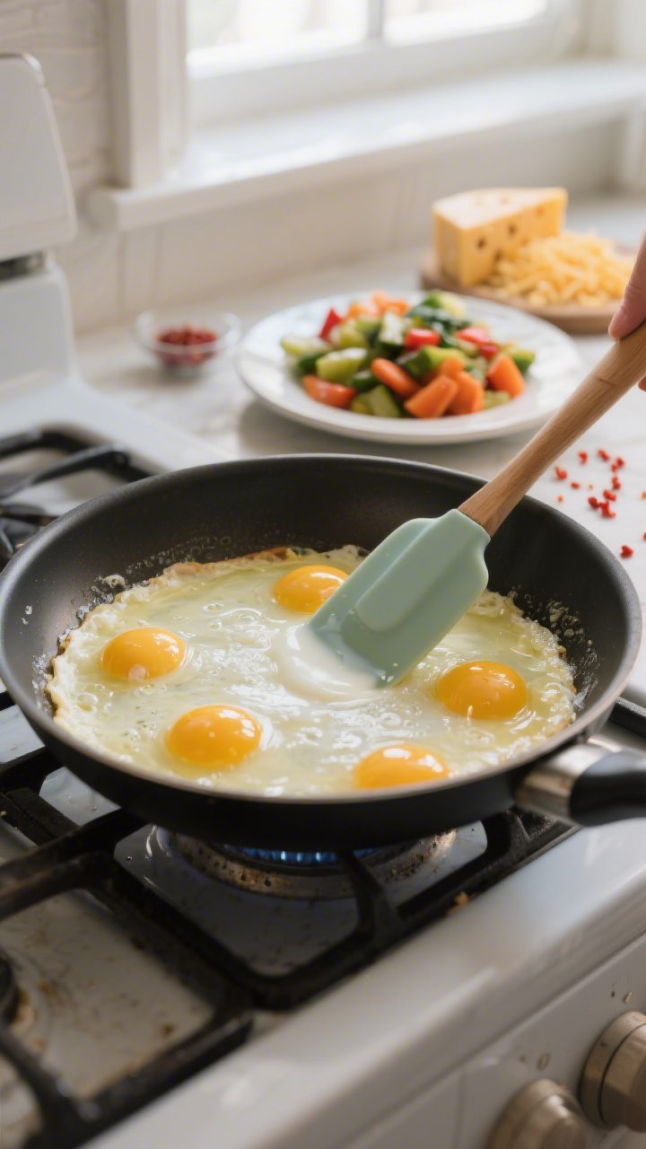 Cooking process: The egg stage in the pan showing gentle curd formation—beaten eggs with a splash