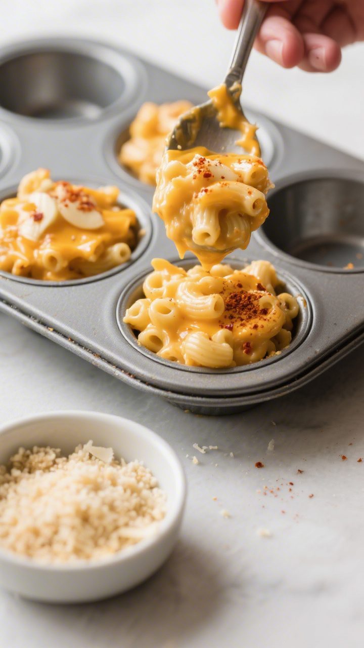 Cooking process: Thick, glossy cheese-coated macaroni mixture being spooned and lightly pressed into