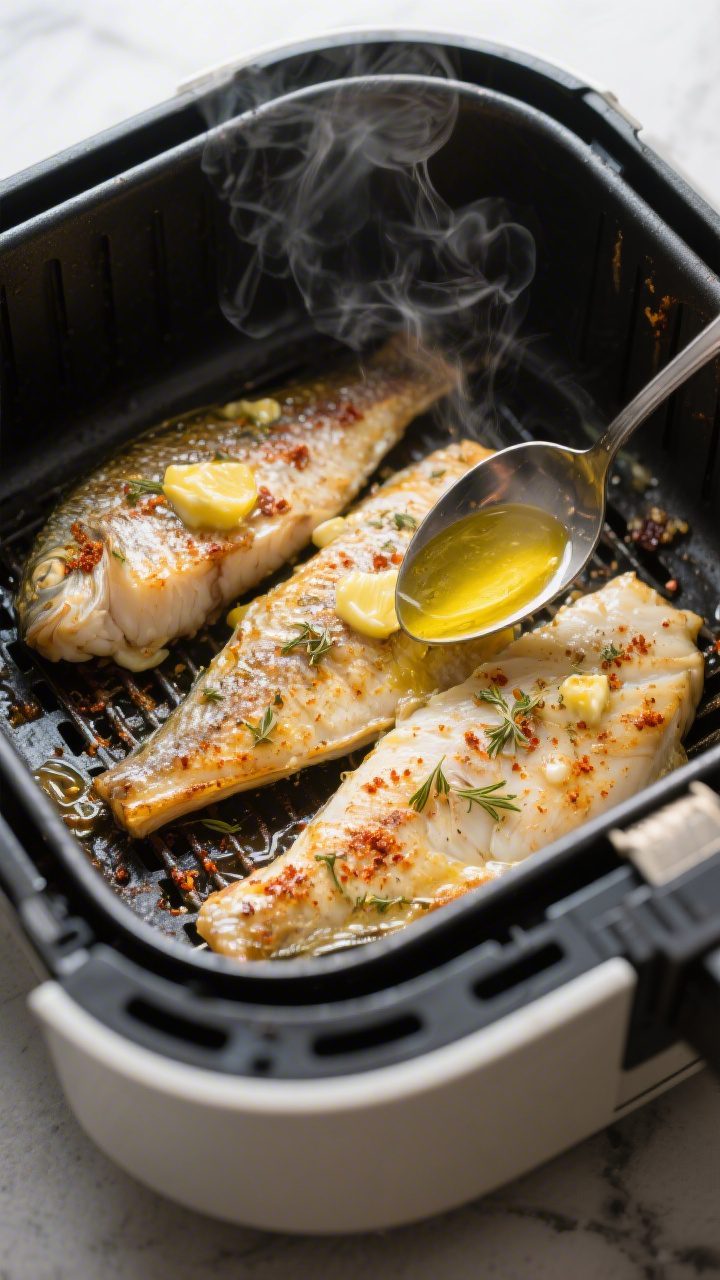 Cooking process: Tilapia fillets arranged in a single layer inside an air fryer basket mid-cook, sur