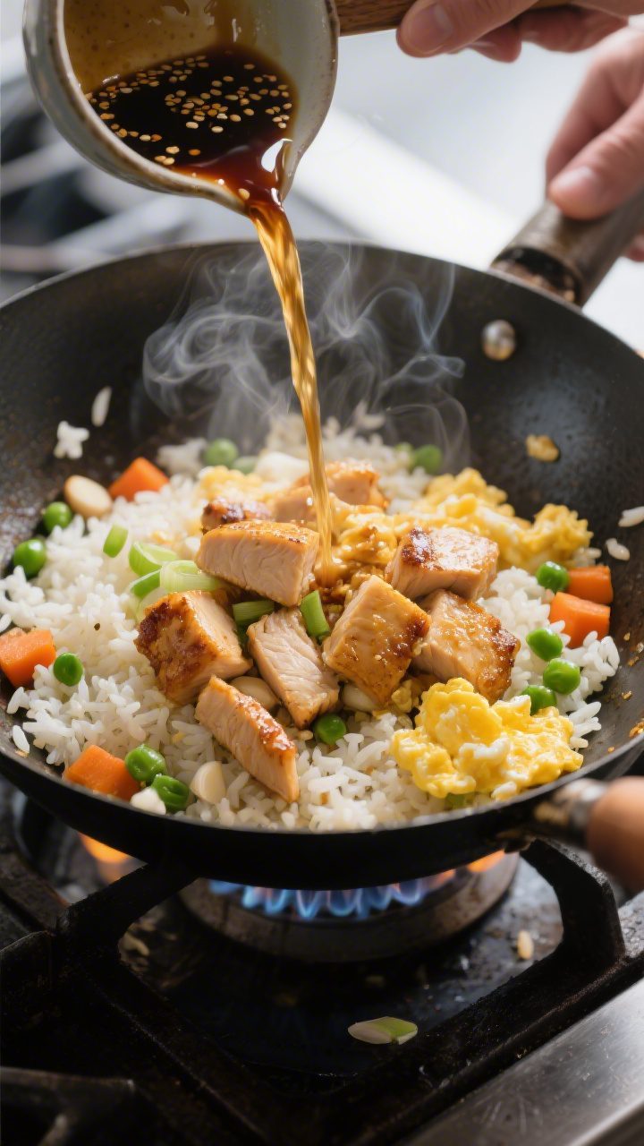 Cooking process, wok sear: Sizzling chicken fried rice mid-cook in a carbon steel wok over high heat