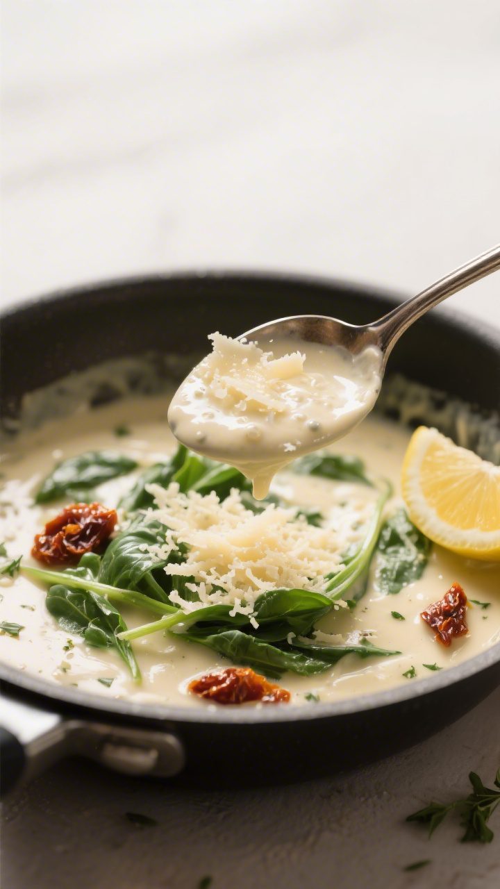 Cream sauce moment, close-up texture shot: Silky Parmesan cream sauce gently simmering with ribbons