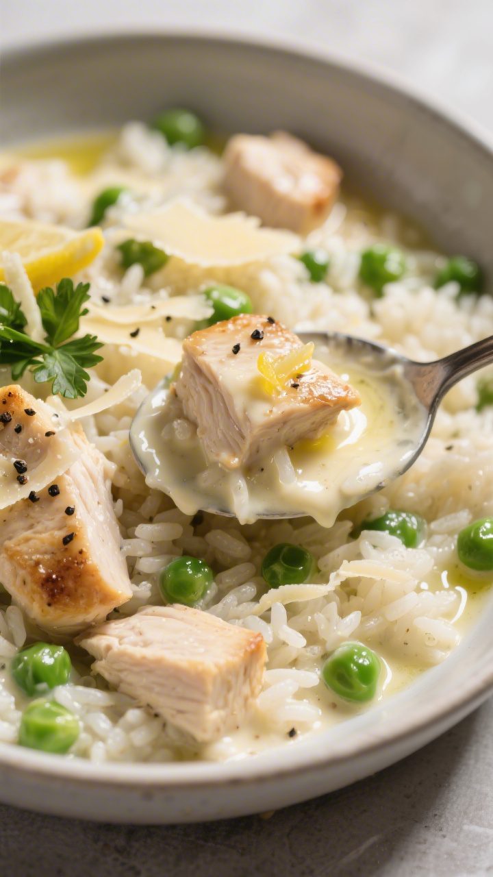 Creamy finish detail: Silky chicken and rice just after cream and Parmesan are stirred in—spoon sc