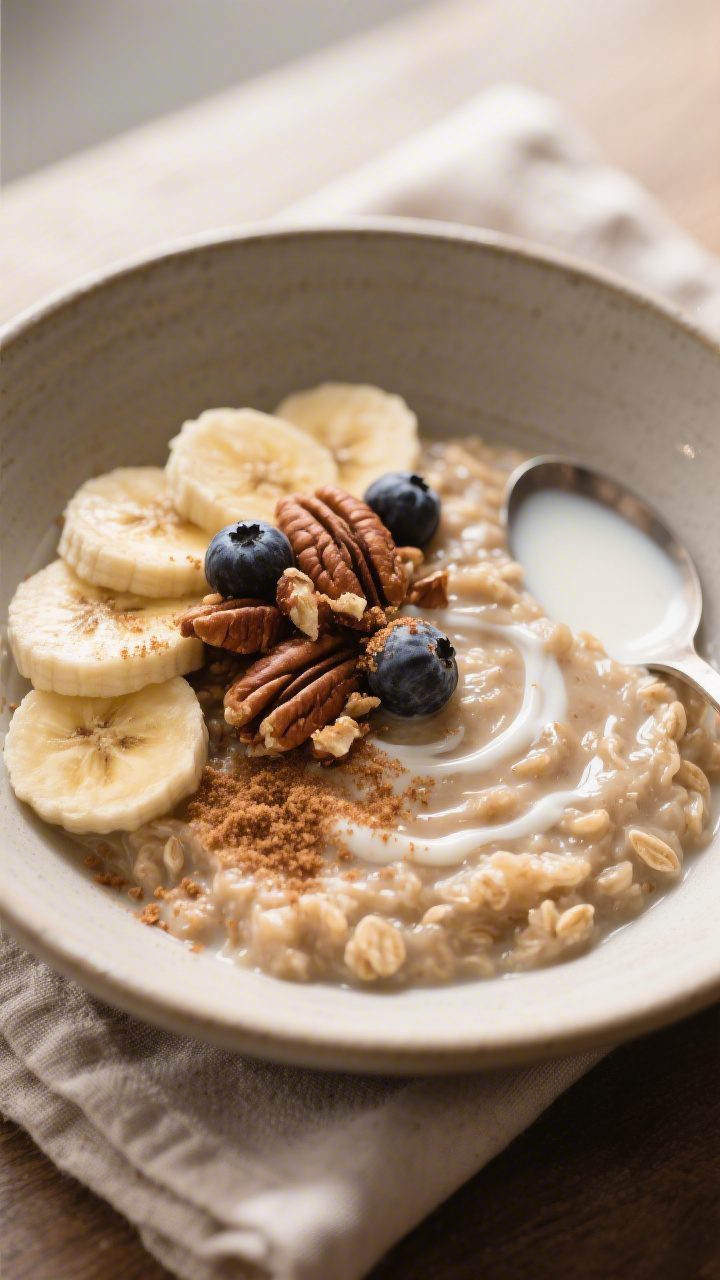 Final dish, cozy presentation: Creamy oatmeal with brown sugar served warm in a matte ceramic bowl,