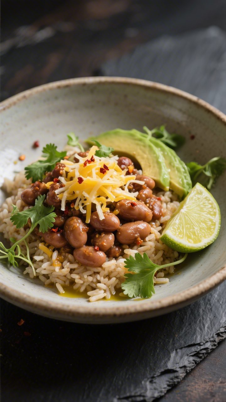 Final dish, plated beauty: Restaurant-quality presentation of the Rice and Beans Bowl using brown ri
