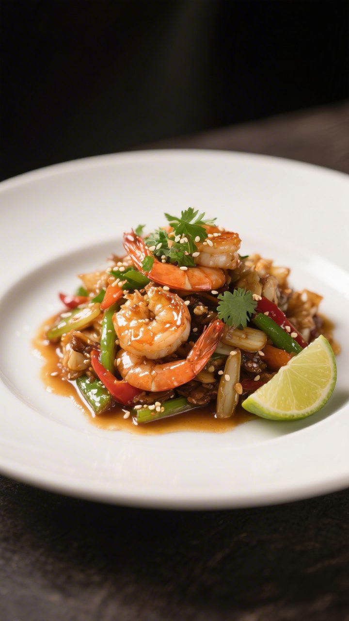 Final dish plated, : Elegant shallow white plate showcasing a neatly piled mound of Garlic Shrimp St