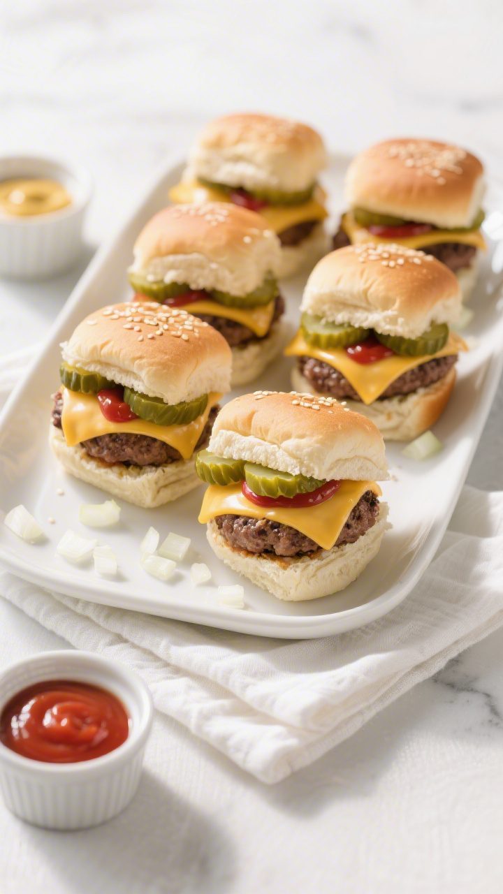 Final dish presentation: Beautiful platter of assembled air fryer cheeseburger sliders on a white ce