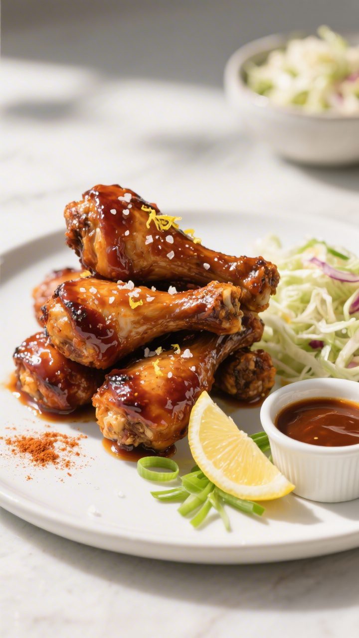 Final dish presentation: Beautifully plated BBQ chicken drumsticks stacked casually on a matte white