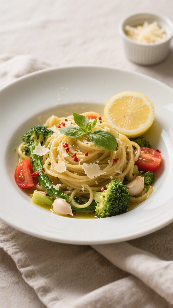 Final dish presentation: Beautifully plated bowl of garlic butter veggie pasta, twirled high for hei