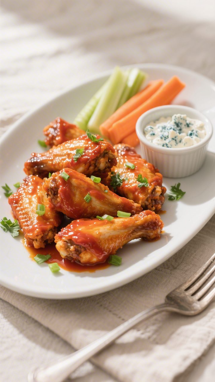 Final dish presentation: Beautifully plated Buffalo air fryer chicken wings glistening in a 1/2 cup