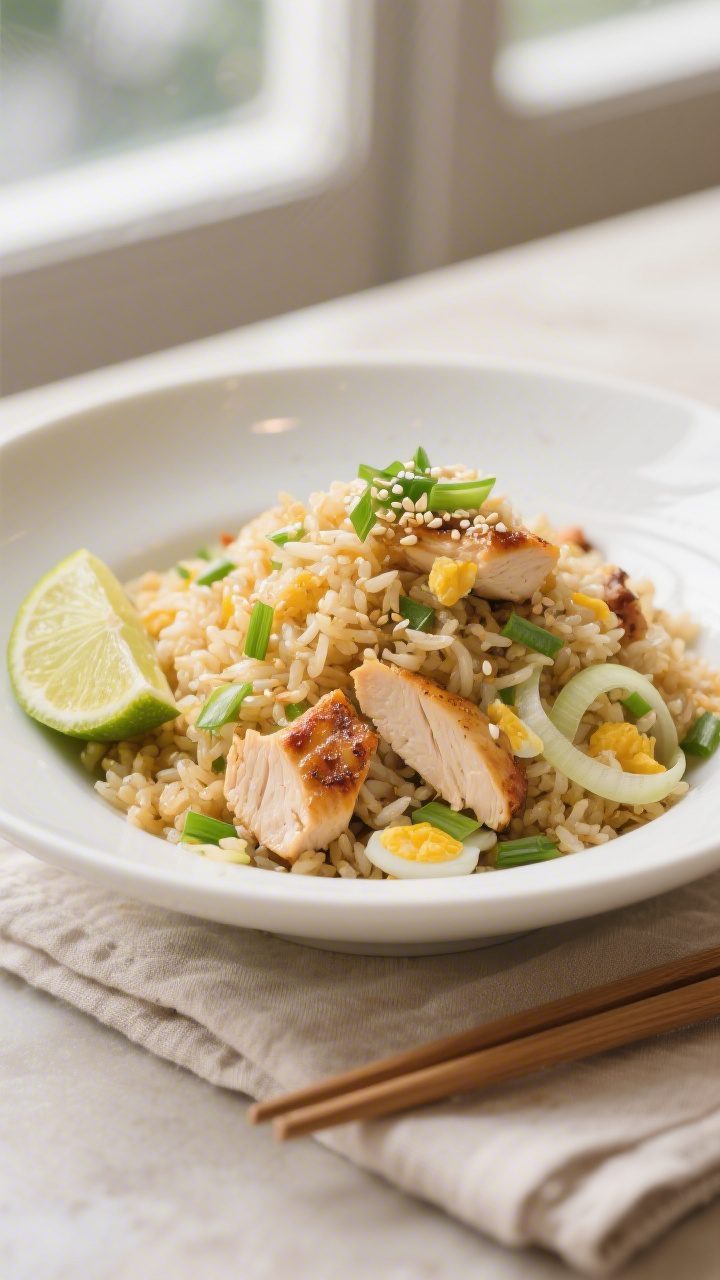 Final dish presentation: Beautifully plated chicken fried rice in a wide white bowl, mounded high wi