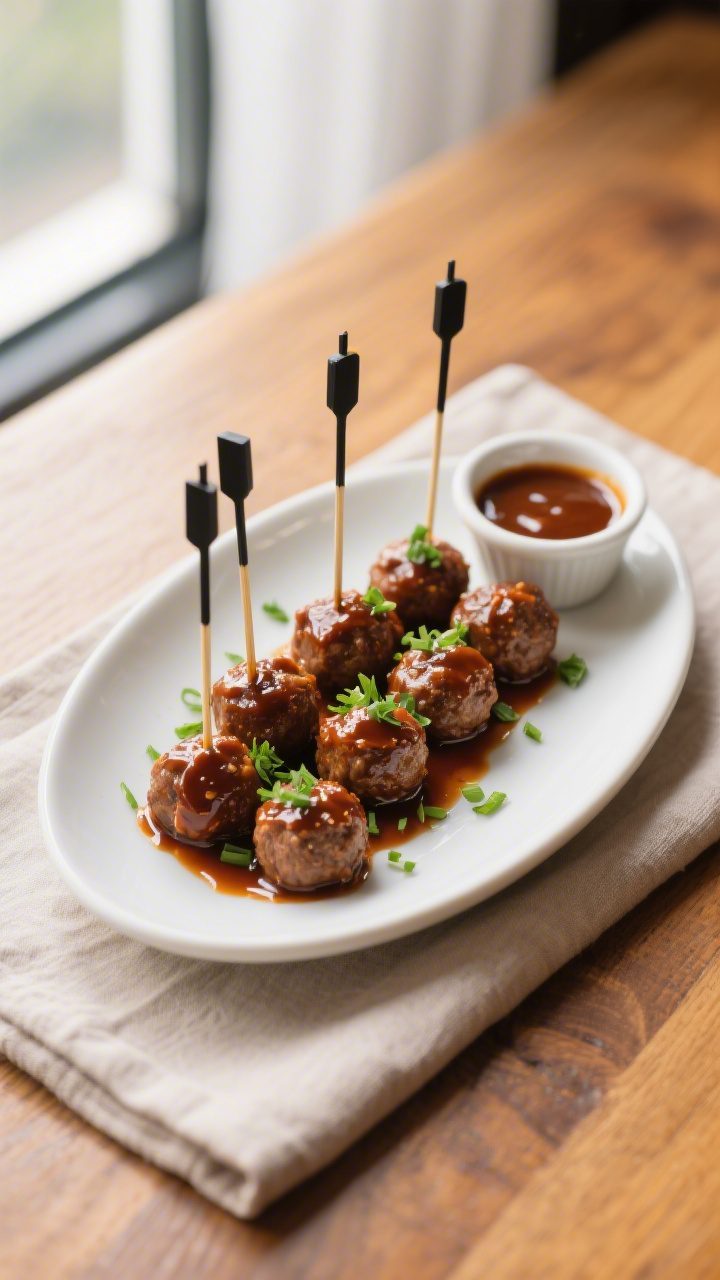 Final dish presentation: Beautifully plated Mini Meatballs in BBQ Sauce arranged on a matte white ov