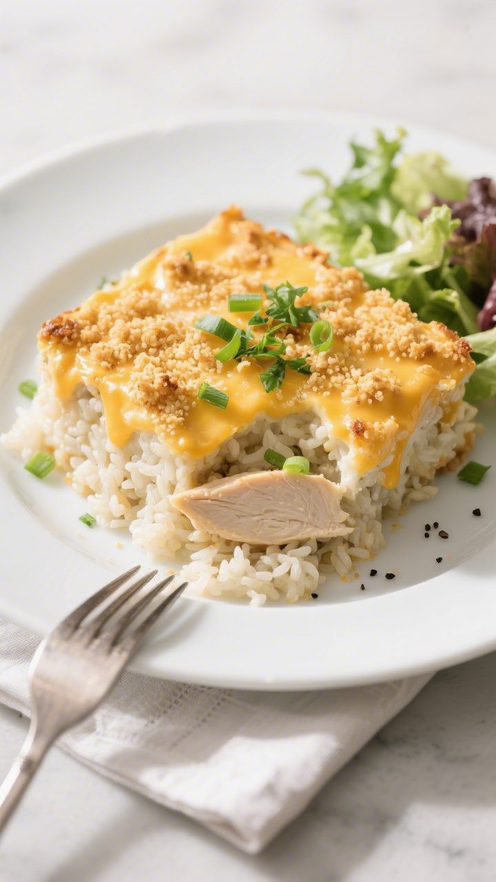 Final dish presentation: Beautifully plated serving of cheesy chicken and rice casserole on a wide,