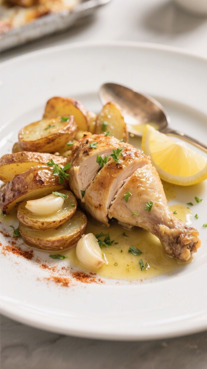 Final dish presentation: Beautifully plated serving of Sheet Pan Garlic Butter Chicken and Potatoes