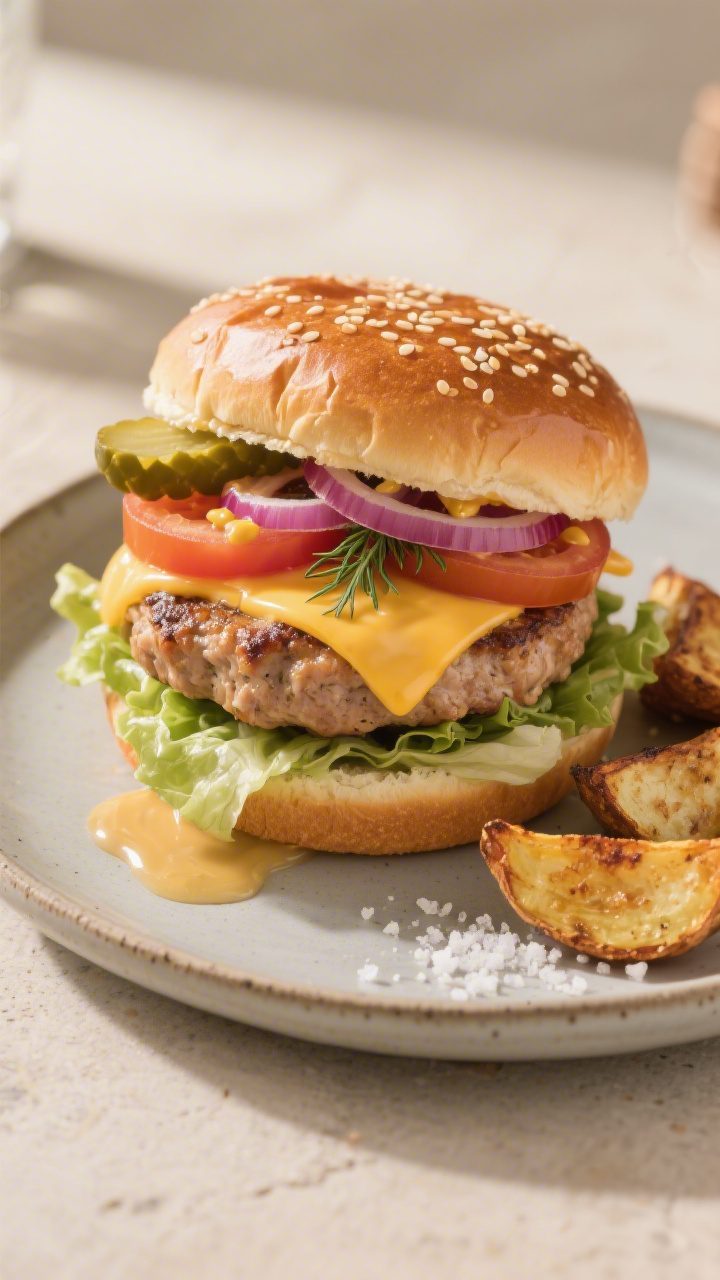 Final dish presentation: Fully assembled turkey burger on a toasted brioche bun with melted sharp ch