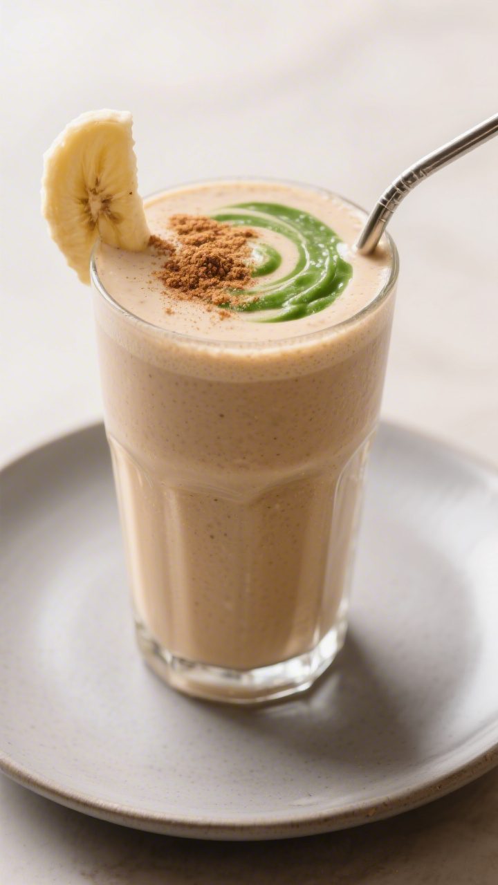 Final dish presentation: Restaurant-quality hero shot of a tall, frosty Banana Peanut Butter Smoothi