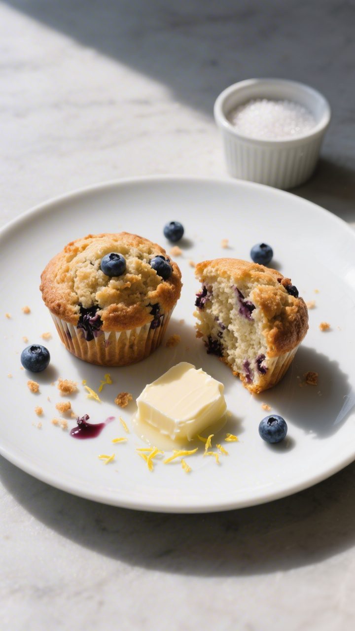 Final dish presentation: Restaurant-quality plate-up of two blueberry muffins—one whole and one sl