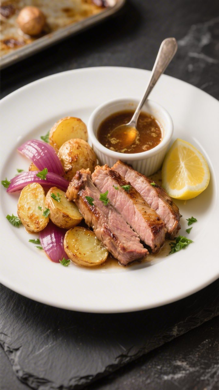 Final dish presentation: Restaurant-quality plate of sheet pan pork chops and potatoes, bone-in chop
