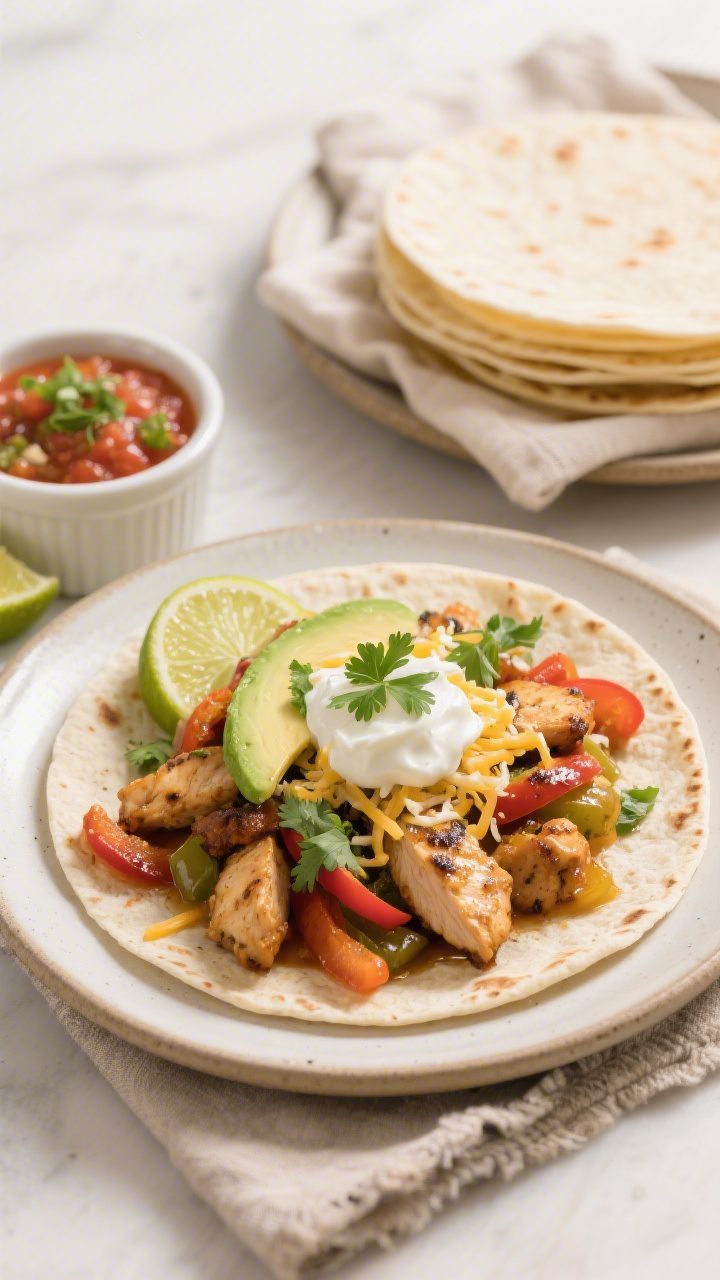 Final dish presentation: Restaurant-quality plated chicken fajitas on a warm flour tortilla, piled h