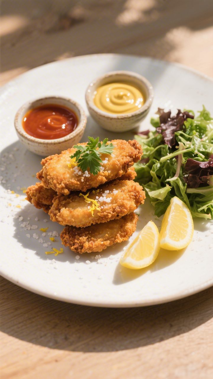Final dish presentation: Restaurant-quality plated scene of crispy chicken tenders stacked on a matt