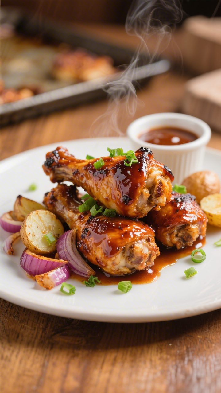 Final dish presentation: Restaurant-quality plated Sheet Pan BBQ Chicken Drumsticks—3 saucy drumst