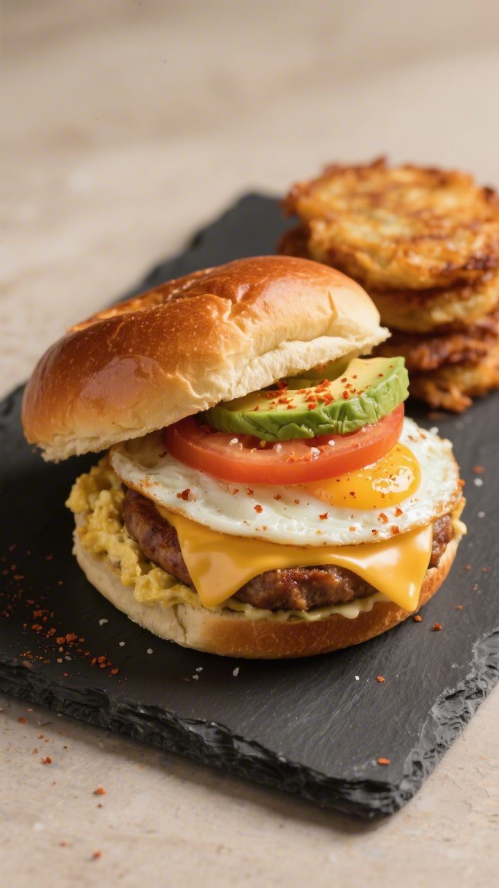 Final dish presentation: Restaurant-quality plating of a brioche Breakfast Sausage and Egg Sandwich