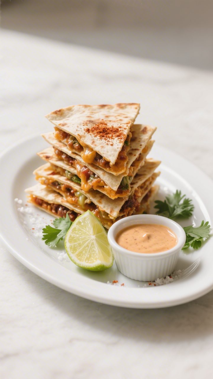 Final dish presentation: Restaurant-quality platter of quesadilla wedges stacked with intentional he