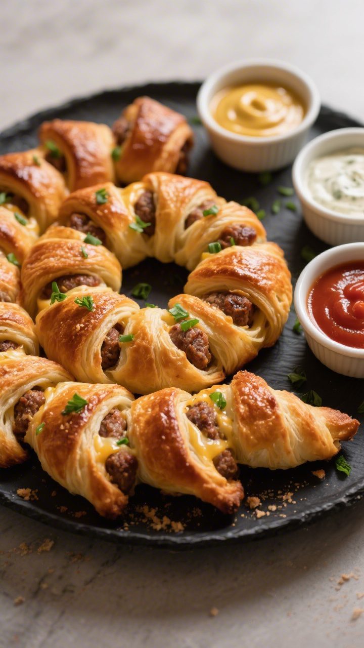 Final dish presentation: Restaurant-quality platter of deep golden-brown sausage & cheese crescent r