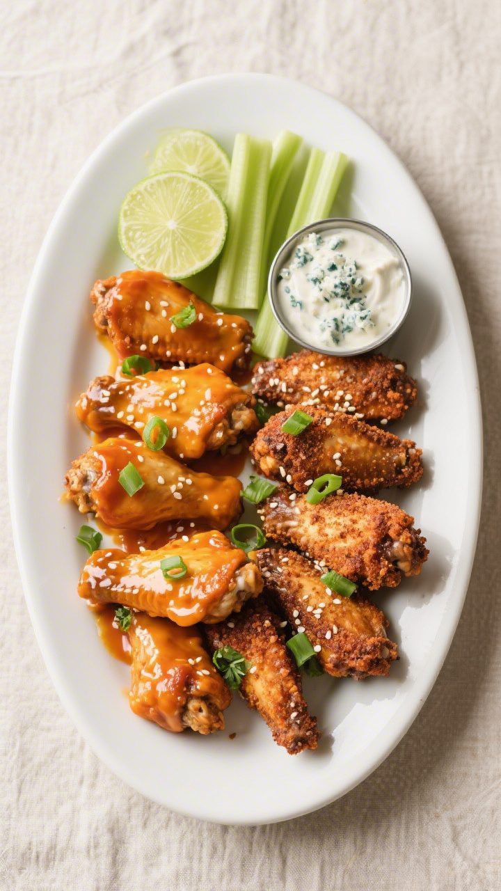 Final dish presentation: Restaurant-quality platter of sauced and dry-rub wings side-by-side for var