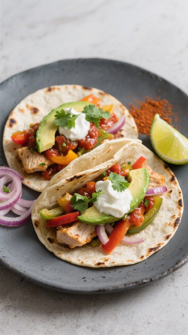 Final dish presentation: Two assembled chicken fajitas on a charcoal-gray ceramic plate, tortillas g