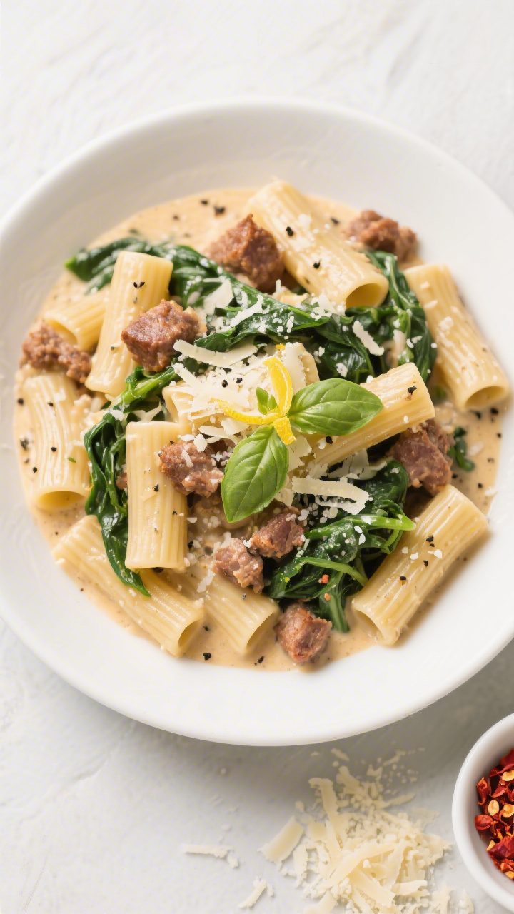 Final dish, tasty top view: Beautifully plated 30-minute creamy sausage rigatoni in a wide, shallow