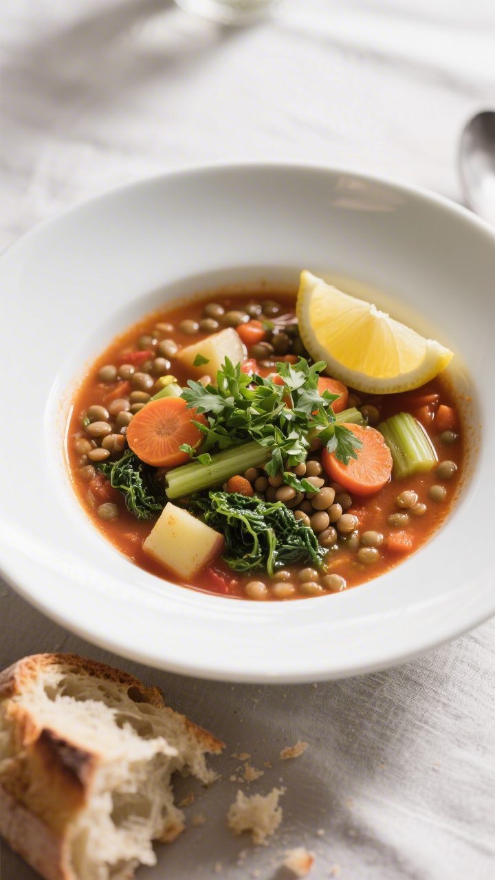 Final plated bowl: One-Pot Lentil Vegetable Soup ladled into a wide, matte white bowl, garnished wit