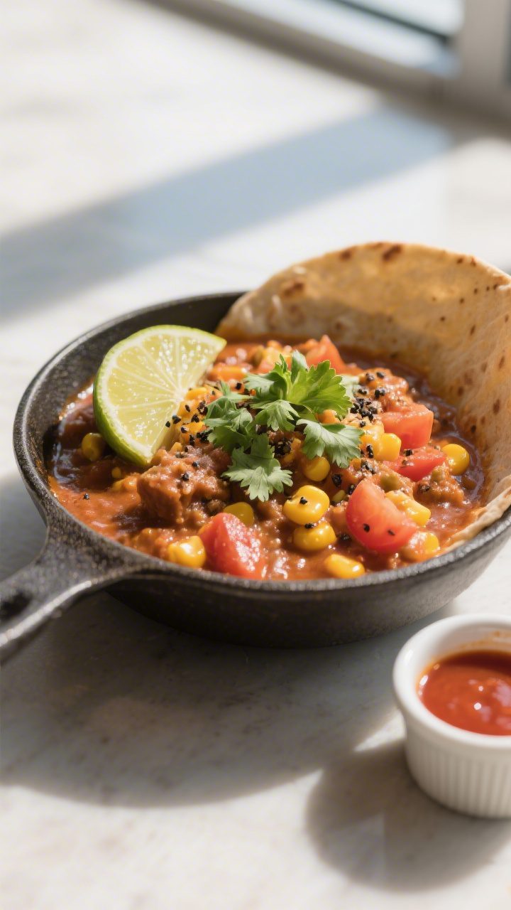 Final plated bowl: Restaurant-quality presentation of the taco skillet spooned into a wide shallow b