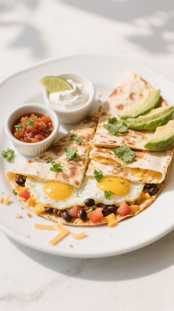 Final plated breakfast quesadilla with eggs and cheese, sliced into neat wedges and fanned on a whit